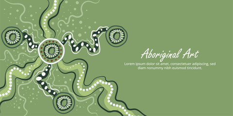 Vector green banner decorated with traditional Aboriginal dot design
