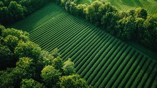 Aerial view of lush green agricultural fields and tree line.