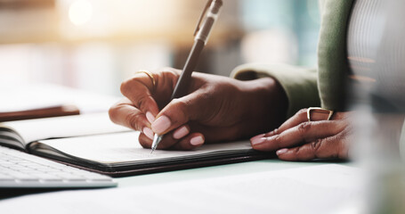 Diary, hands and writing with business person at desk in office for agenda, planning or schedule....