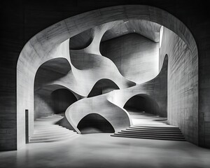 Abstract concrete interior with curving walls, stairs, and natural light