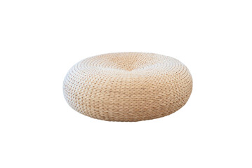 Natural colored round rattan pillow on white background
