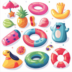 Cartoon inflatable toys. Vector set of colorful beach items.