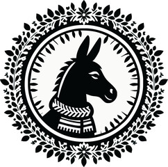 A decorative black-and-white illustration features a stylized donkey in profile wearing a patterned scarf, framed by an ornate circular floral border, blending elegance with folk art charm.