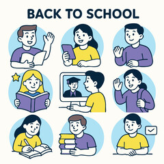 Back to school illustrations featuring students engaged in various activities like reading, studying, and using technology, conveying excitement and readiness for learning