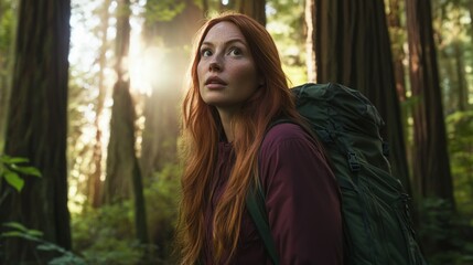 A redhead woman with a backpack looks up in awe at the sunlight filtering through a redwood forest.