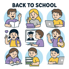 Back to school theme featuring diverse students engaging in various activities like studying, using laptops, and participating in online classes, showcasing excitement and learning
