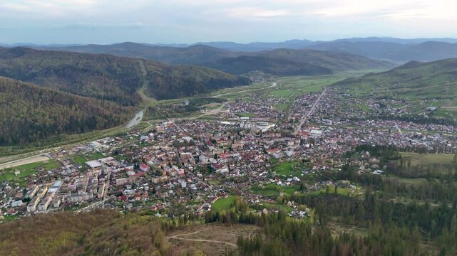 Drone video of Gura Humorului at sunset with Partia Soimul