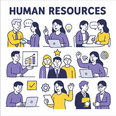 Human resources concept illustration featuring diverse professionals engaging in various activities like discussions, presentations, and teamwork, showcasing collaboration and growth