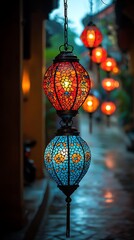 Colorful mosaic lanterns illuminating a narrow alleyway