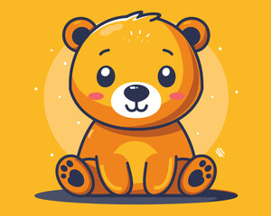 Fototapeta premium Cute cartoon brown bear on a yellow background. Vector illustration.