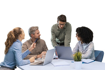 Happy four business people executive team working at laptop having discussion meeting showing financial project on a transparent background