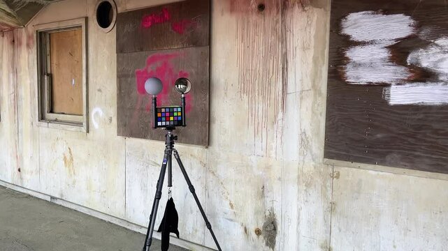 VFX Camera Reflector Chrome And Grey Balls With Color Rendition Chart Mounted On Tripod. static shot