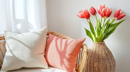 Modern living room with sculptural black accents, soft textiles, and abstract wall art in warm, neutral tones 