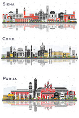 Obraz premium Padua, Como and Siena Tuscany Italy City Skyline set with Color Buildings and reflections Isolated on White. Cityscape with Landmarks.