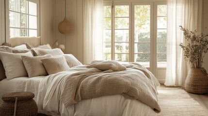 Serene bedroom with neutral bedding, textured pillows, and warm-toned accents for a tranquil vibe.