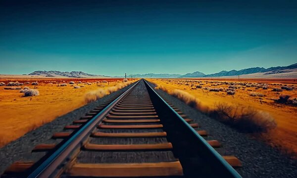 Desert Railroad Track Extends Into Horizon