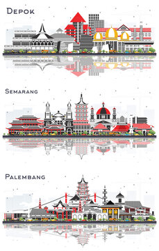 Semarang, Palembang and Depok Indonesia City Skyline set with Color Buildings and reflections Isolated on White.