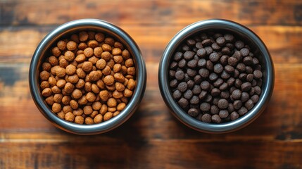 Two metal bowls one with brown food one with dark food.