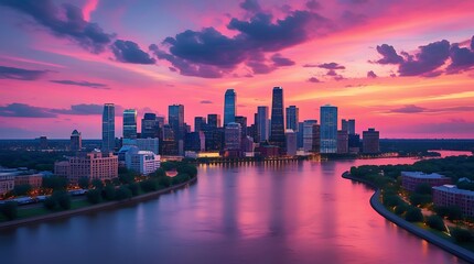 Fototapeta premium A breathtaking view of a city skyline at sunset, with dramatic clouds and vibrant colors reflecting on the river, highlighting the beauty of urban landscapes at twilight.