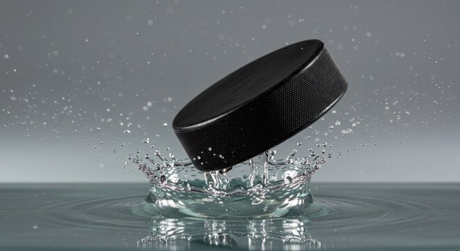 Black hockey puck splashing in water against a gray background