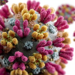 Highly detailed 3D model of COVID-19 virus highlighting spike proteins and surface composition, ideal for infographic and medical use.