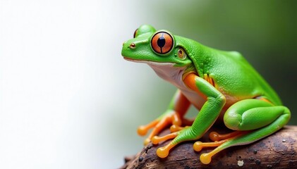 Obraz premium Green tree frog perched on white, vibrant skin details, slimy, zoology, animal photography