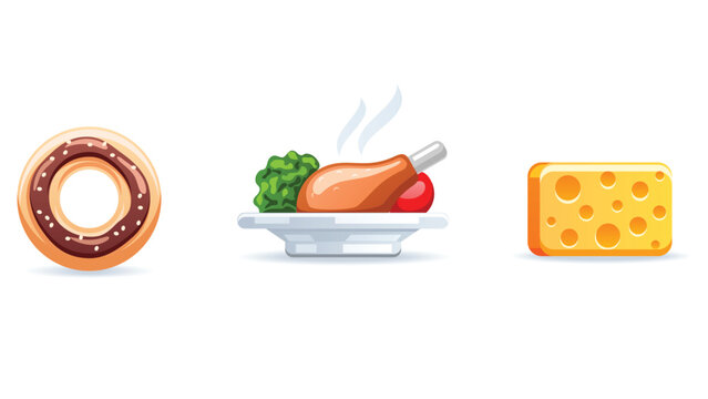 Collection of various food design elements including fruits, vegetables, snacks, and meals arranged in a colorful and playful layout