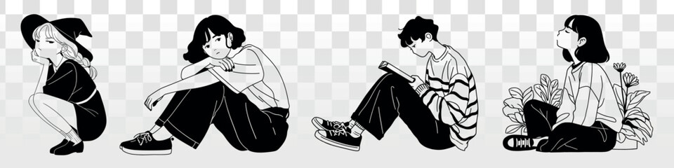 Monochrome contemplative sitting figures, element vector set