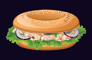 Tuna and Onion Bagel Sandwich - Vector Illustration
