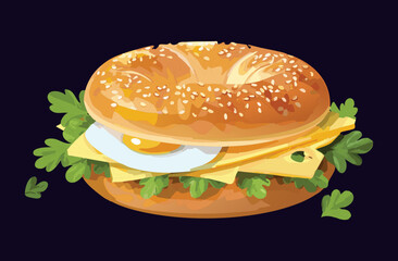 Sandwich Bagel Bread with Egg and Cheese - Vector Illustration