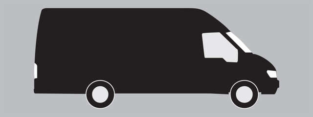 Black icon of a cargo van. Vector on a gray background