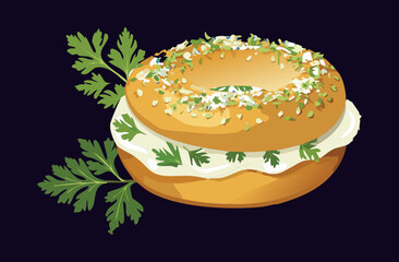 Bagel Bread with Cream Cheese and Parsley Topping - Vector Illustration