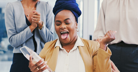 Business people, celebration and woman with award, excited and ceremony for recognition. Person, employees and consultant in workplace, kpi target and trophy with expression, congrats and achievement