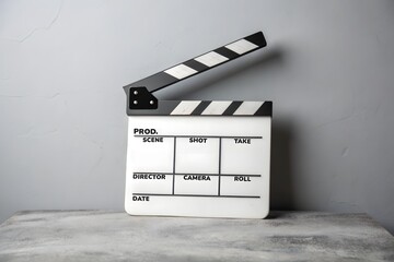 Obraz premium A high-resolution photograph of a classic white and black movie clapperboard (film slate) lying on a neutral gray background