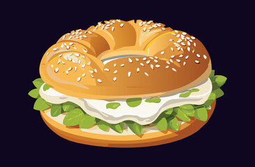Bagel Bun with Cream Cheese- Vector Illustration