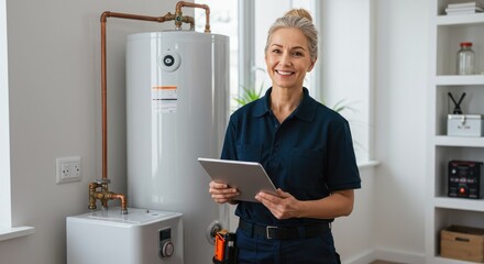 Professional female plumber smiling while holding a tablet in a home setting  