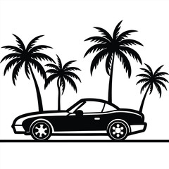 Convertible car silhouette under palm trees in a tropical setting