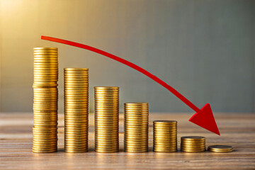 stacks of gold coins decreasing in height, with a red downward arrow symbolizing a financial downturn.
