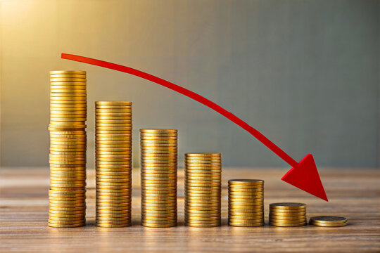 stacks of gold coins decreasing in height, with a red downward arrow symbolizing a financial downturn.