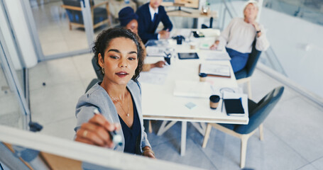 Business people, brainstorming and woman in workplace, whiteboard and planning for company growth....