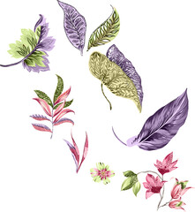 set of leaves and butterflies