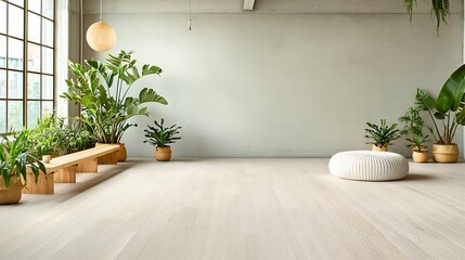 Bright, airy interior with plants, bench, soft round ottoman and light wood flooring