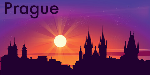 stylized illustration of Prague, Czech Republic city skyline against the background of bright sun with rays and rich shades of purple, orange and pink sky