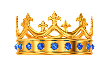 Golden royal crown with blue gemstones isolated on white. Clipping path included