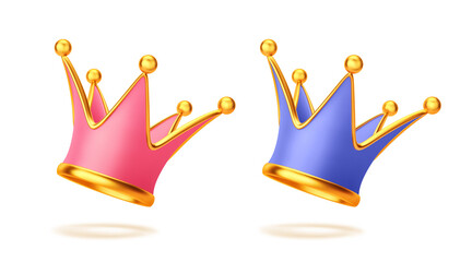 Pink princess crown and blue prince's crown isolated on white. Clipping path included