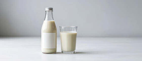 Creamy Milk Bottle and Glass Mockup with White Background. Minimalist Product Photography