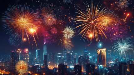Spectacular cityscape illuminated with vibrant fireworks during a nighttime celebration
