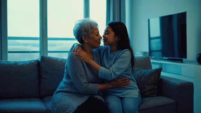 Granddaughter hugs grandmother on couch at night