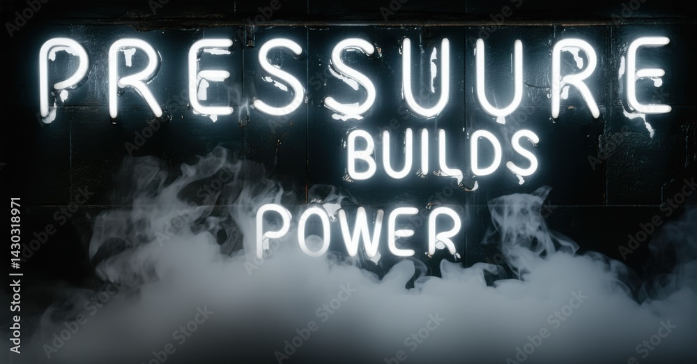 Poster Neon sign displays Pressure Builds Power. Dark background features smoke or fog creating dramatic effect. Bright white illumination contrasts with shadows. Intense message conveyed visually.