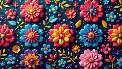 Intricate floral pattern, vibrant colors, repeating design, ornate, botanical